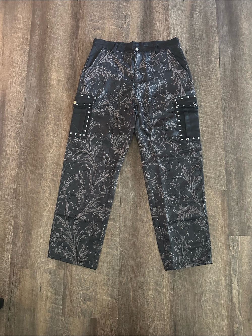 Black Patterned gothic renaissance club Cargo Pants with Stud Details high rise